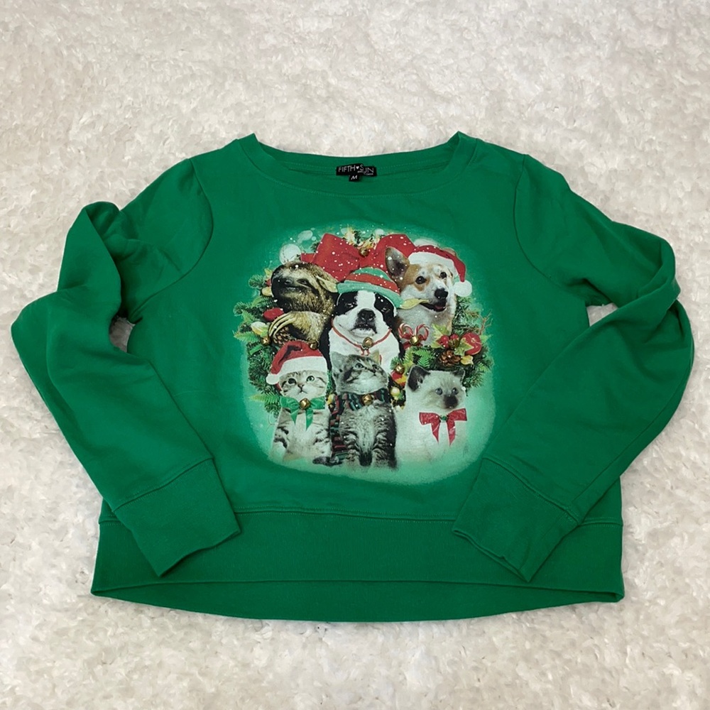 ULGY Christmas Sweater Green Cats Dogs M EUC